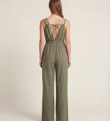 THE SORA LINEN BOHO ROPE STRAP JUMPSUIT IN KHAKI