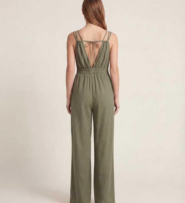 THE SORA LINEN BOHO ROPE STRAP JUMPSUIT IN KHAKI