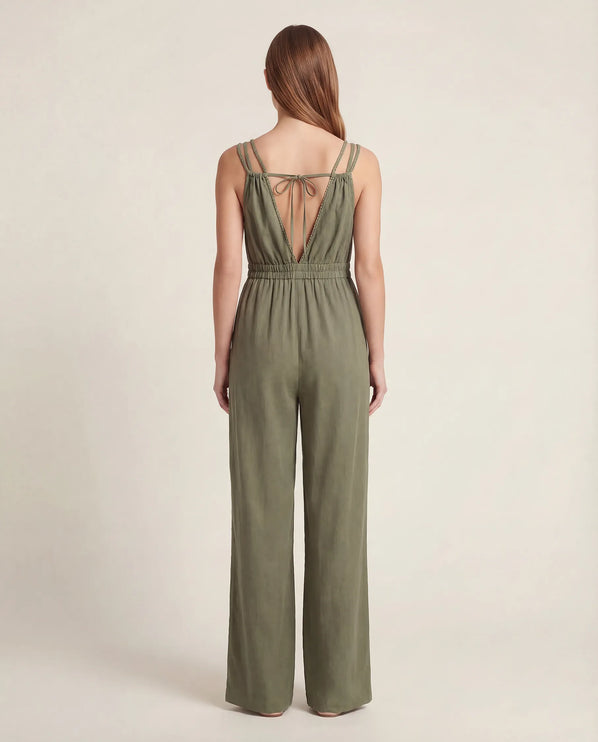 THE SORA LINEN BOHO ROPE STRAP JUMPSUIT IN KHAKI