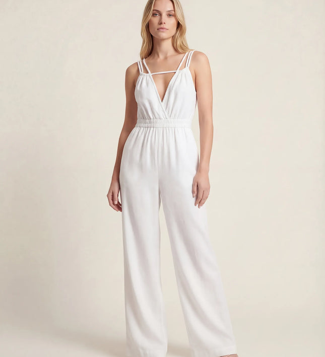 THE SORA LINEN BOHO ROPE STRAP JUMPSUIT IN WHITE