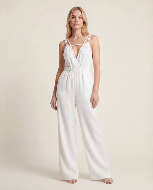 THE SORA LINEN BOHO ROPE STRAP JUMPSUIT IN WHITE