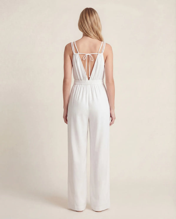 THE SORA LINEN BOHO ROPE STRAP JUMPSUIT IN WHITE