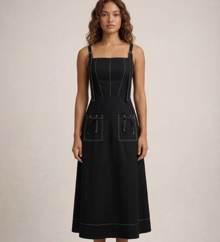 THE AMARA BUCKLE STRAP MIDI DRESS IN BLACK