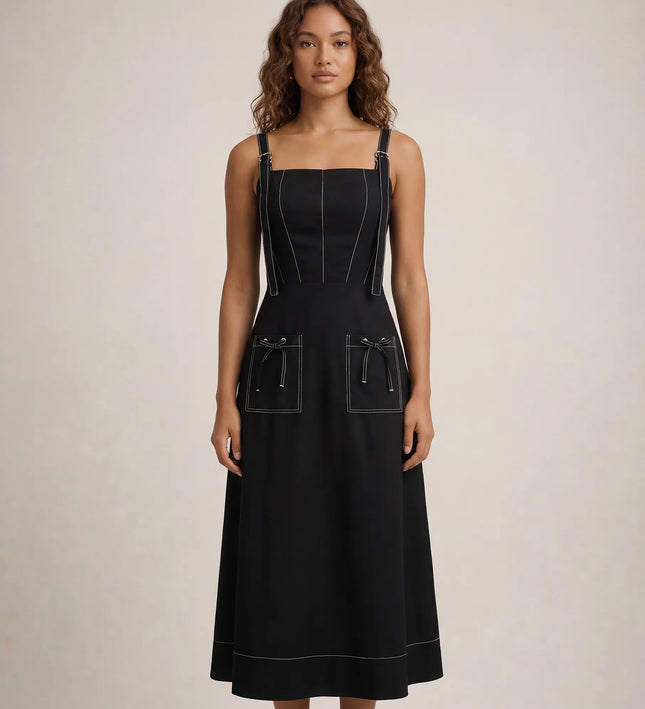 THE AMARA BUCKLE STRAP MIDI DRESS IN BLACK