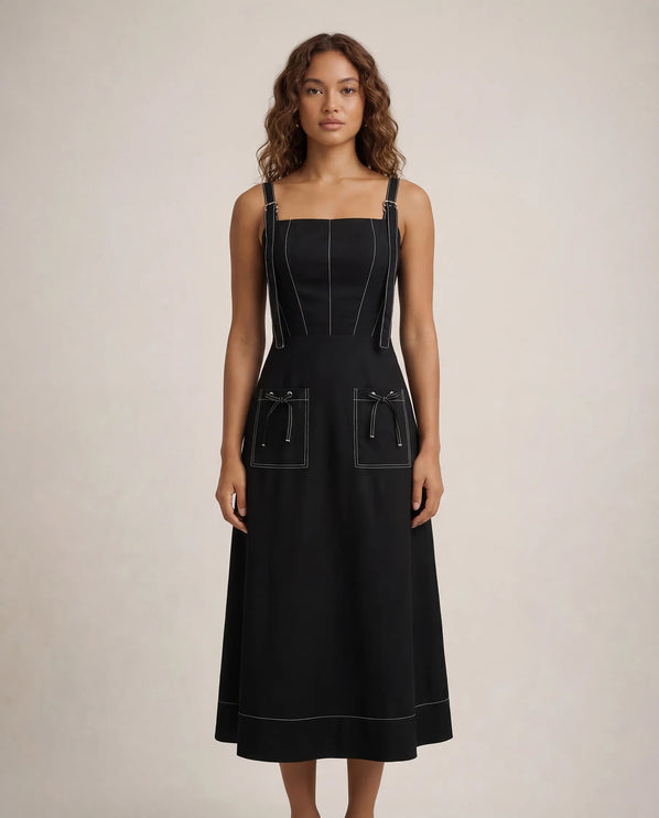 THE AMARA BUCKLE STRAP MIDI DRESS IN BLACK