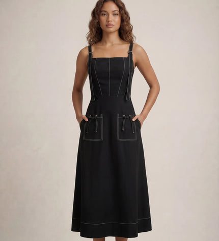 THE AMARA BUCKLE STRAP MIDI DRESS IN BLACK