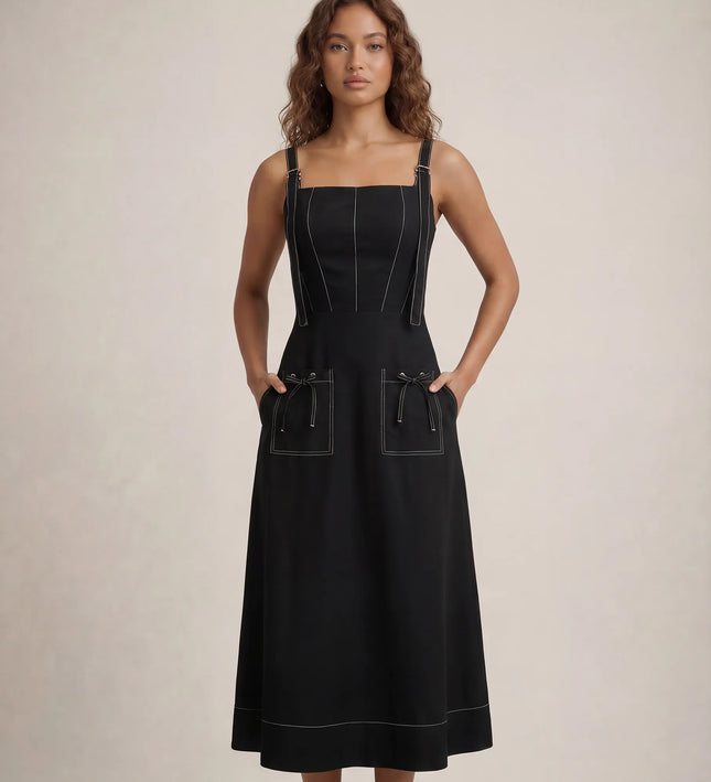 THE AMARA BUCKLE STRAP MIDI DRESS IN BLACK