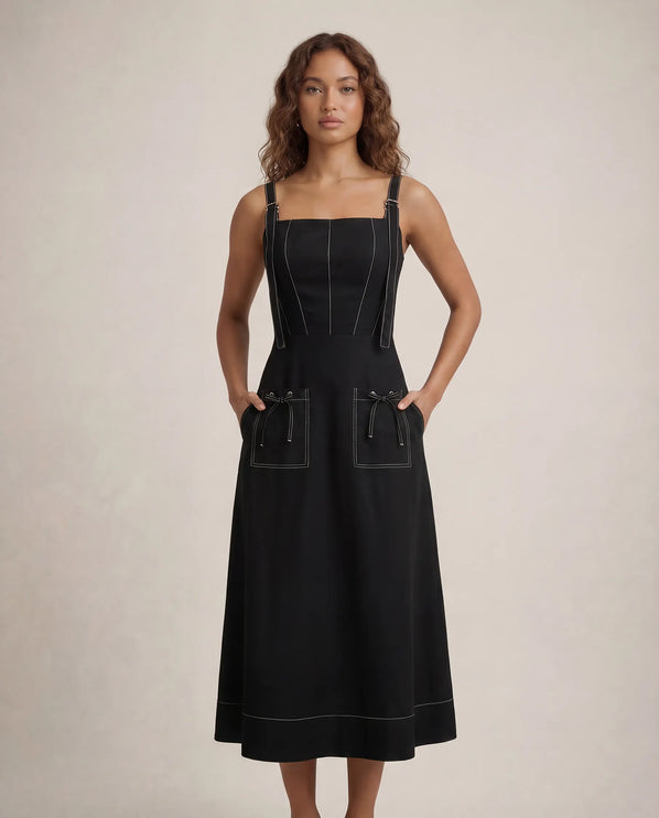THE AMARA BUCKLE STRAP MIDI DRESS IN BLACK
