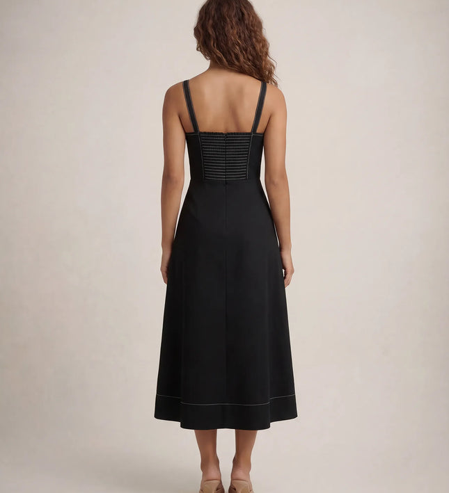 THE AMARA BUCKLE STRAP MIDI DRESS IN BLACK