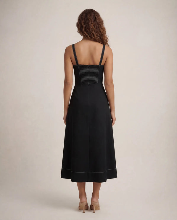 THE AMARA BUCKLE STRAP MIDI DRESS IN BLACK