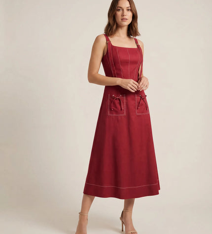 THE AMARA BUCKLE STRAP MIDI DRESS IN RED