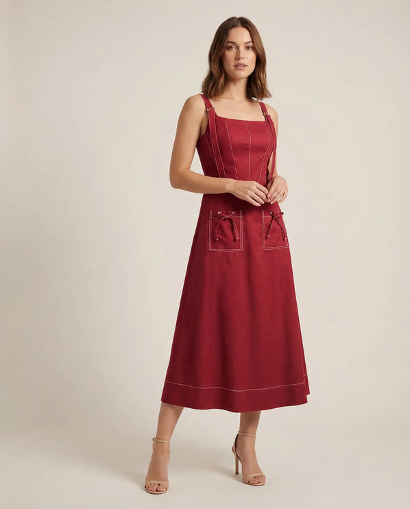 THE AMARA BUCKLE STRAP MIDI DRESS IN RED