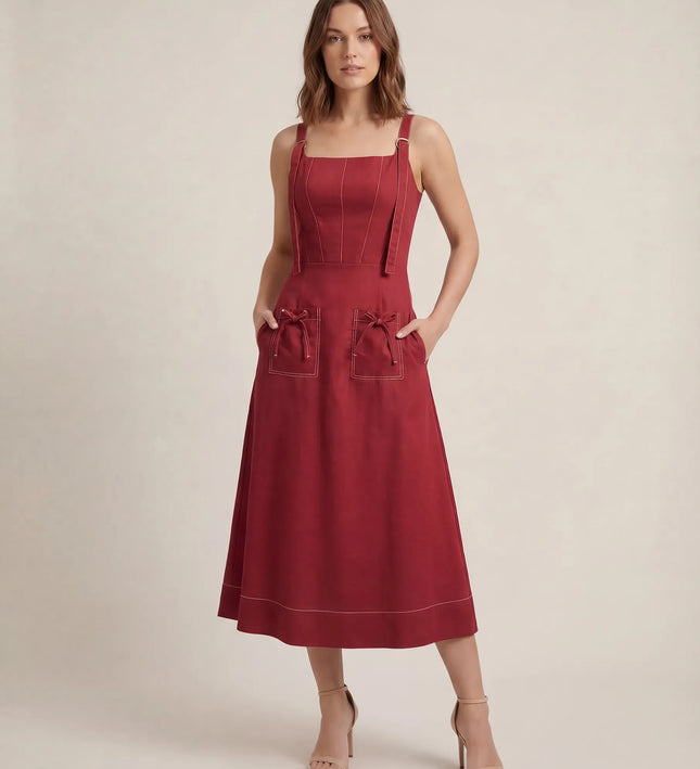 THE AMARA BUCKLE STRAP MIDI DRESS IN RED