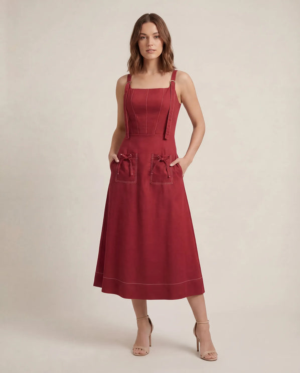 THE AMARA BUCKLE STRAP MIDI DRESS IN RED