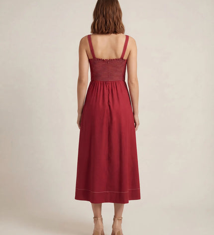 THE AMARA BUCKLE STRAP MIDI DRESS IN RED