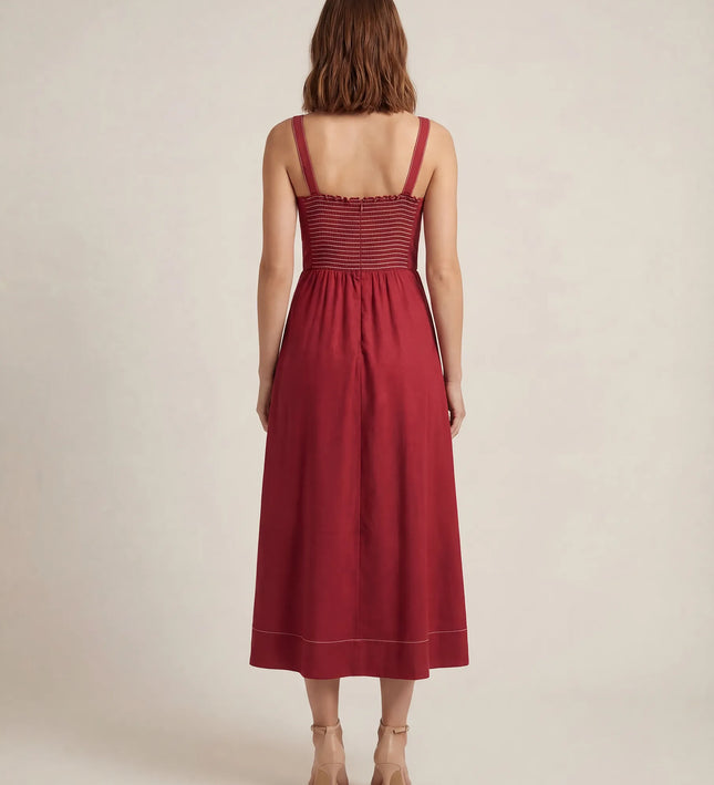 THE AMARA BUCKLE STRAP MIDI DRESS IN RED