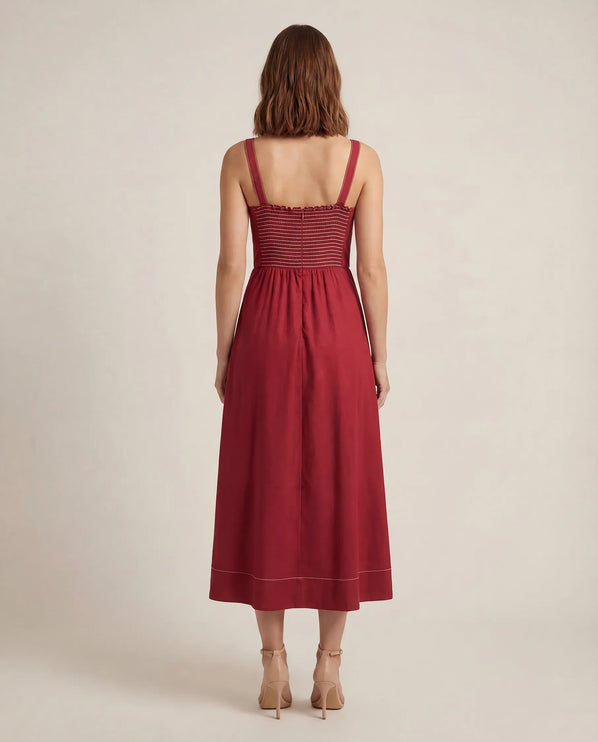 THE AMARA BUCKLE STRAP MIDI DRESS IN RED