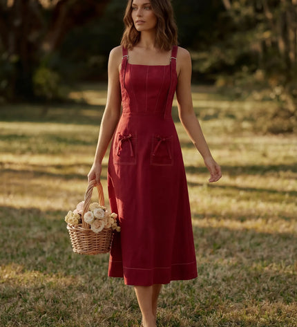 THE AMARA BUCKLE STRAP MIDI DRESS IN RED