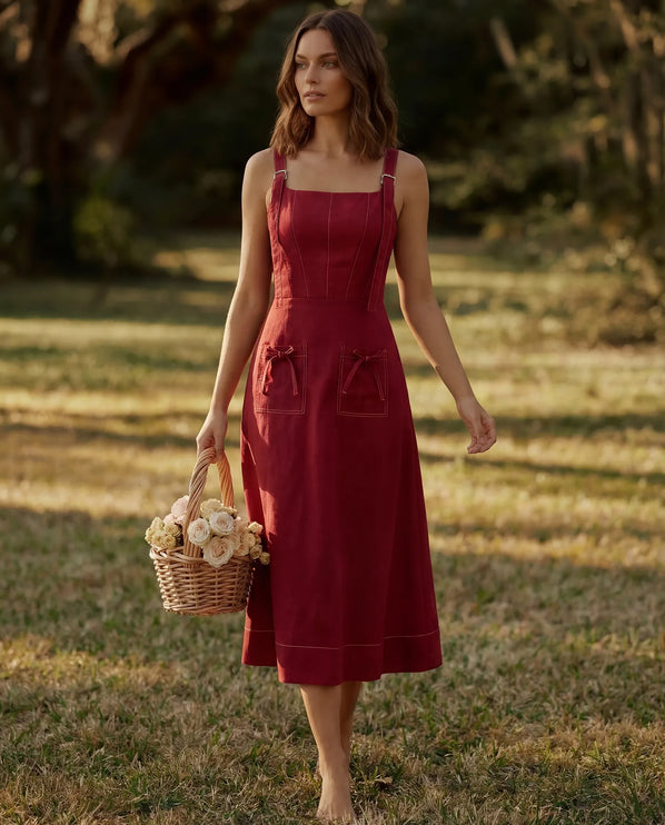 THE AMARA BUCKLE STRAP MIDI DRESS IN RED