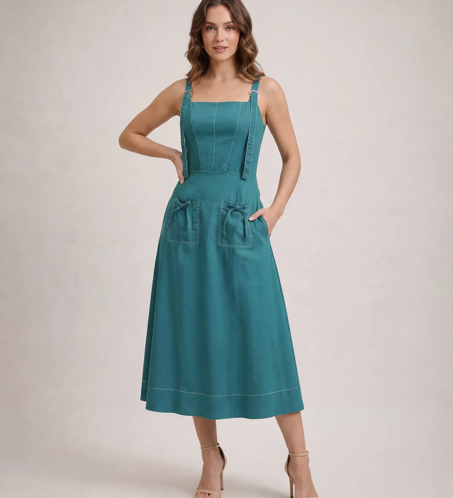 THE AMARA BUCKLE STRAP MIDI DRESS IN JASMINE TEAL