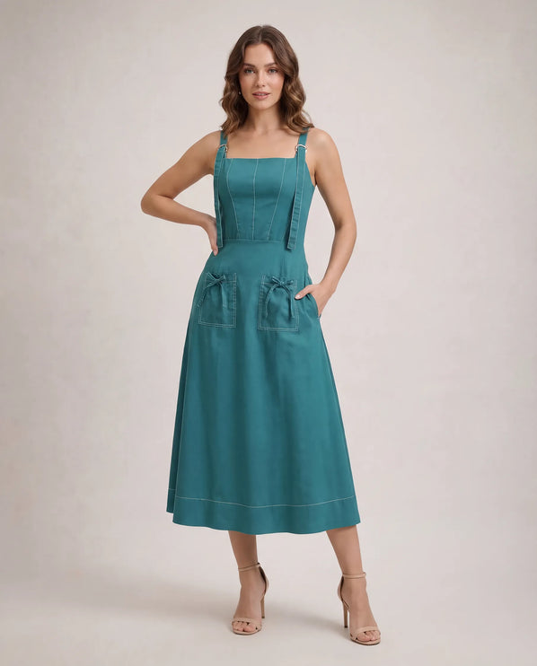 THE AMARA BUCKLE STRAP MIDI DRESS IN JASMINE TEAL
