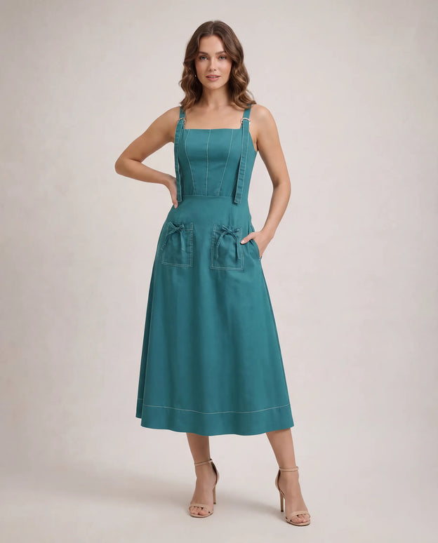 THE AMARA BUCKLE STRAP MIDI DRESS IN JASMINE TEAL