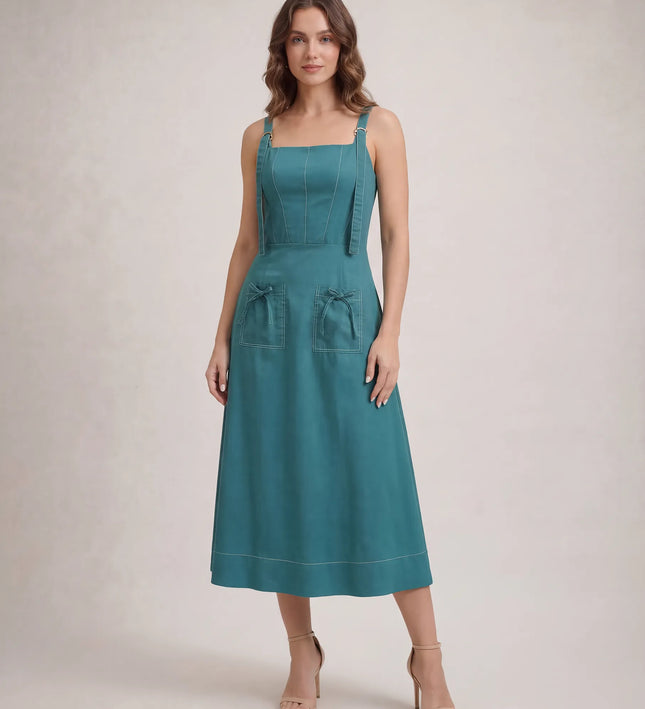 THE AMARA BUCKLE STRAP MIDI DRESS IN JASMINE TEAL
