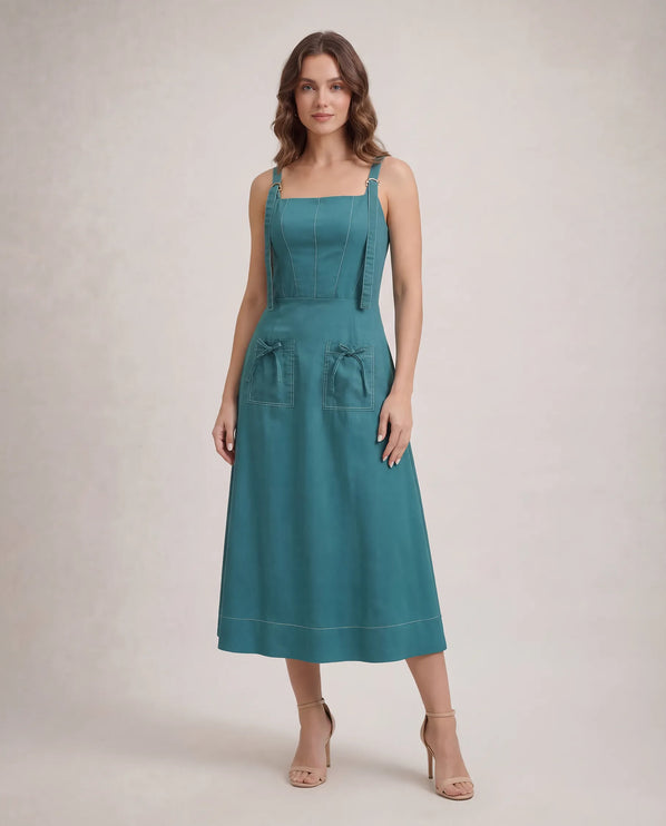 THE AMARA BUCKLE STRAP MIDI DRESS IN JASMINE TEAL