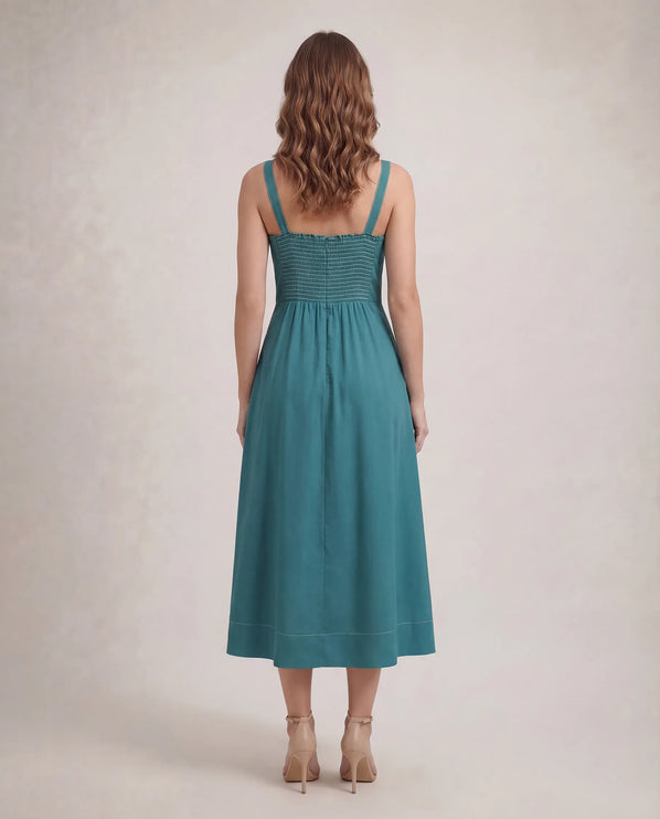 THE AMARA BUCKLE STRAP MIDI DRESS IN JASMINE TEAL