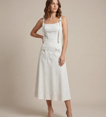 THE AMARA BUCKLE STRAP MIDI DRESS IN WHITE
