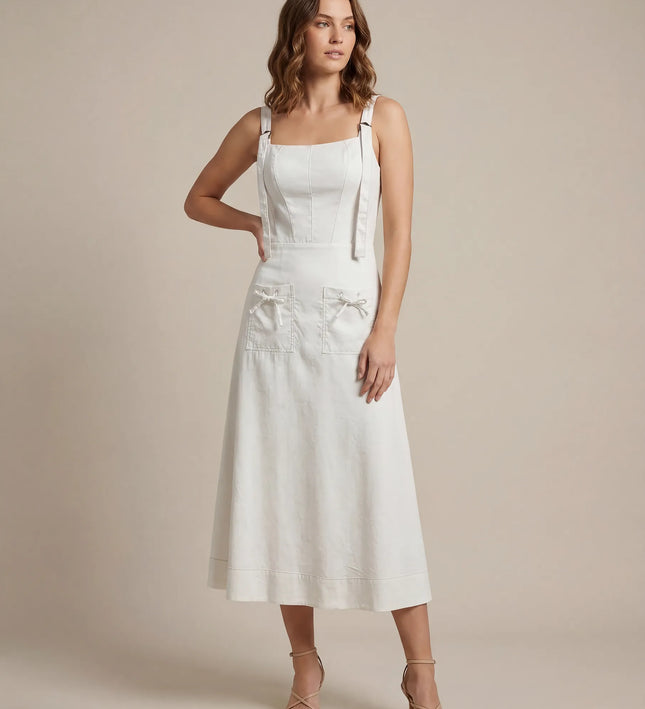 THE AMARA BUCKLE STRAP MIDI DRESS IN WHITE