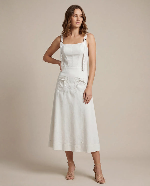 THE AMARA BUCKLE STRAP MIDI DRESS IN WHITE
