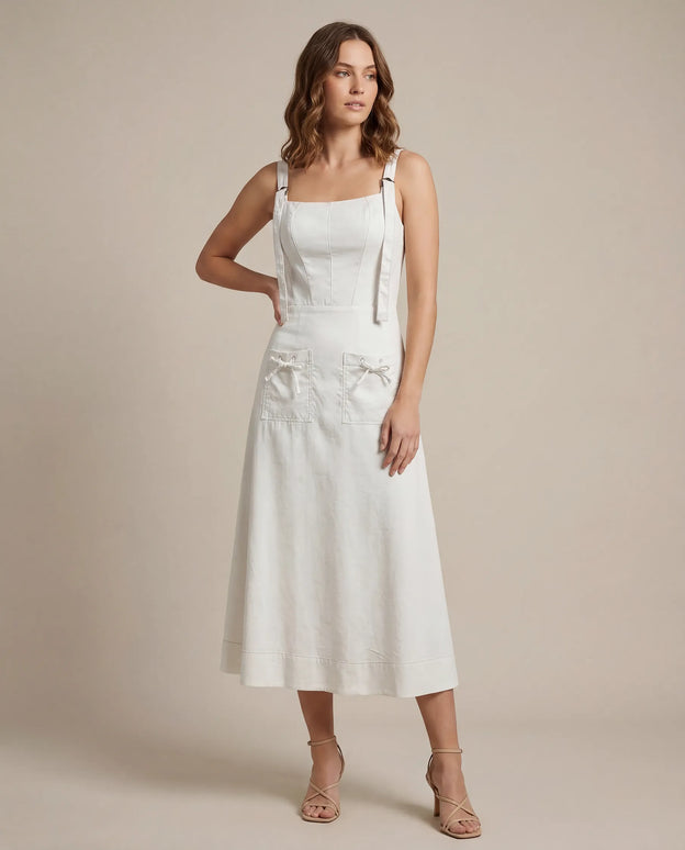 THE AMARA BUCKLE STRAP MIDI DRESS IN WHITE
