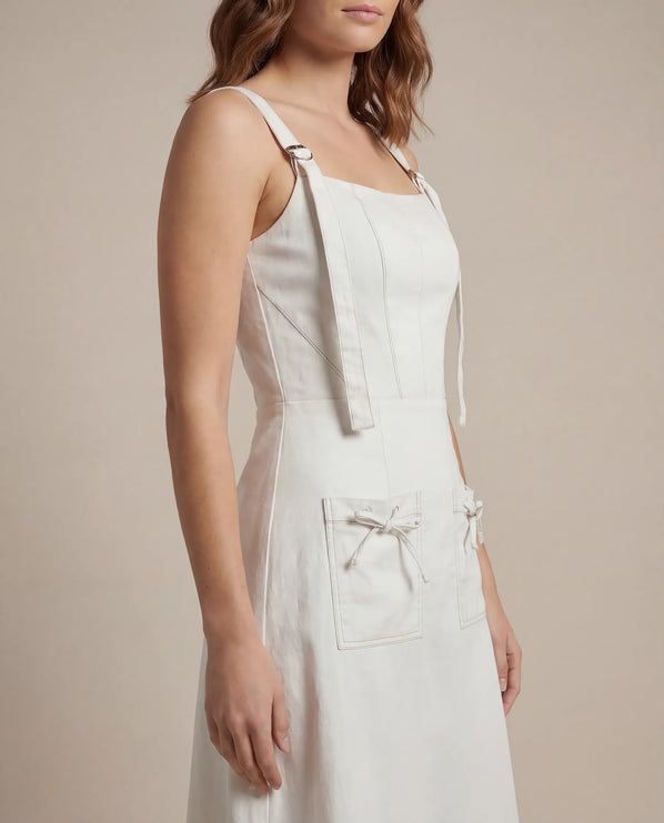 THE AMARA BUCKLE STRAP MIDI DRESS IN WHITE
