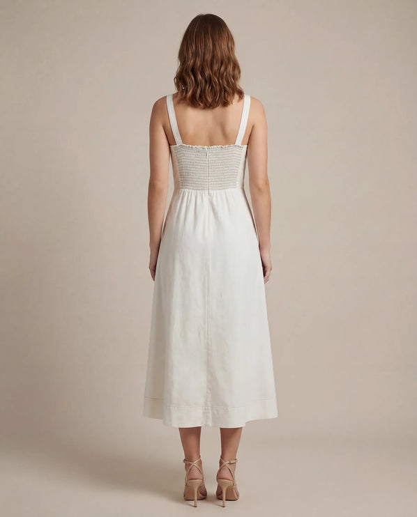 THE AMARA BUCKLE STRAP MIDI DRESS IN WHITE