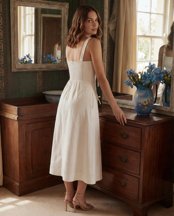 THE AMARA BUCKLE STRAP MIDI DRESS IN WHITE