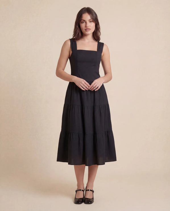 THE ESME SQUARE NECK LACE UP BACK SUNDRESS IN BLACK