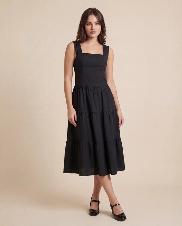 THE ESME SQUARE NECK LACE UP BACK SUNDRESS IN BLACK