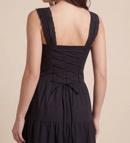 THE ESME SQUARE NECK LACE UP BACK SUNDRESS IN BLACK