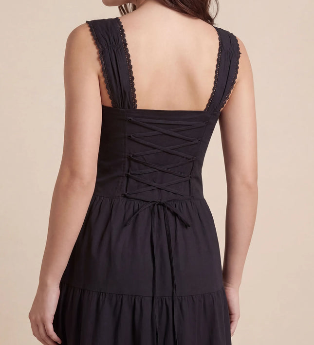 THE ESME SQUARE NECK LACE UP BACK SUNDRESS IN BLACK