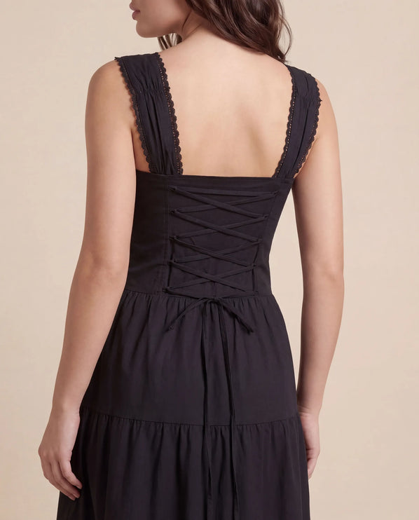 THE ESME SQUARE NECK LACE UP BACK SUNDRESS IN BLACK