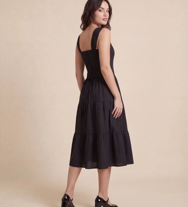 THE ESME SQUARE NECK LACE UP BACK SUNDRESS IN BLACK