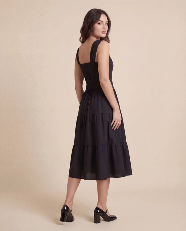 THE ESME SQUARE NECK LACE UP BACK SUNDRESS IN BLACK
