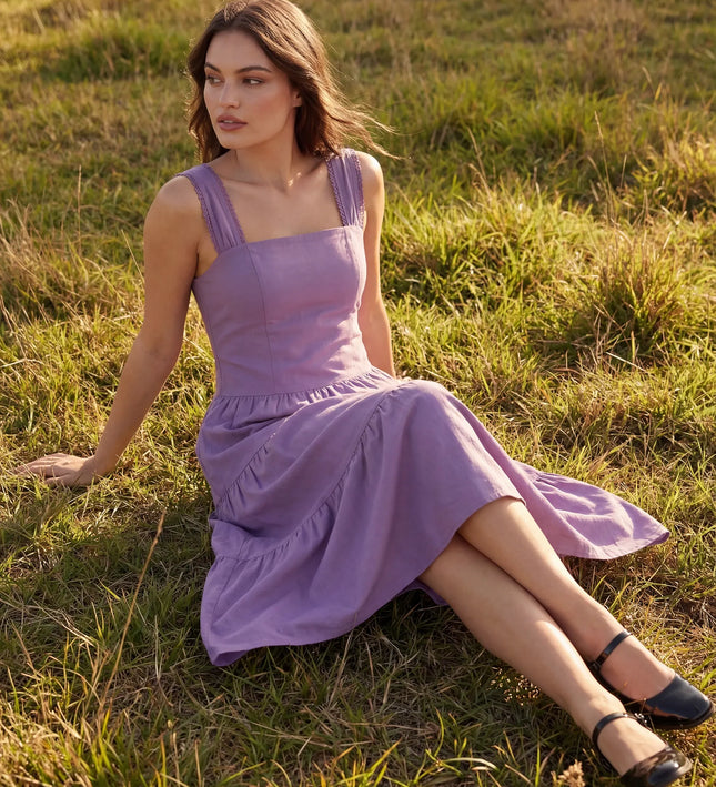 THE ESME SQUARE NECK LACE UP BACK SUNDRESS IN PURPLE
