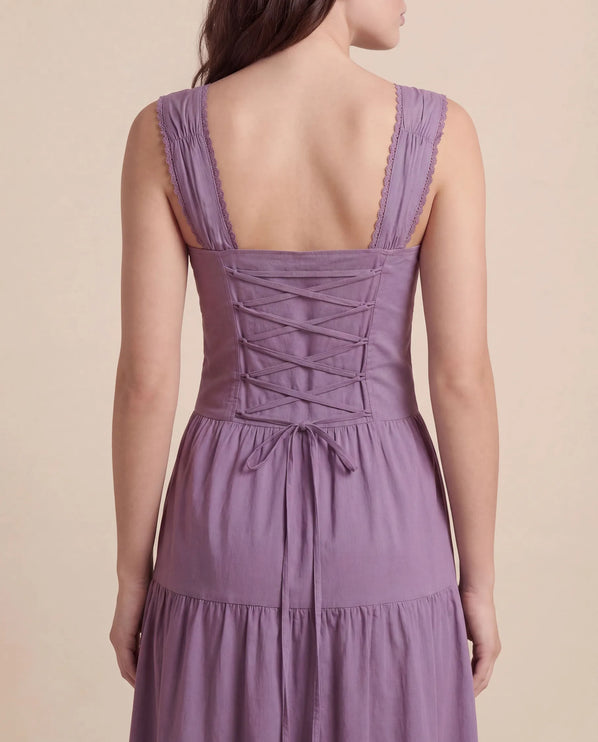 THE ESME SQUARE NECK LACE UP BACK SUNDRESS IN PURPLE