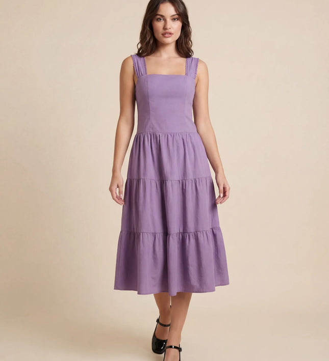THE ESME SQUARE NECK LACE UP BACK SUNDRESS IN PURPLE