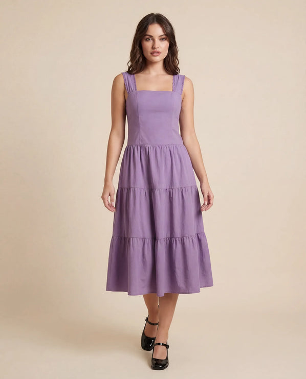 THE ESME SQUARE NECK LACE UP BACK SUNDRESS IN PURPLE