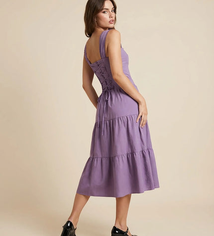 THE ESME SQUARE NECK LACE UP BACK SUNDRESS IN PURPLE