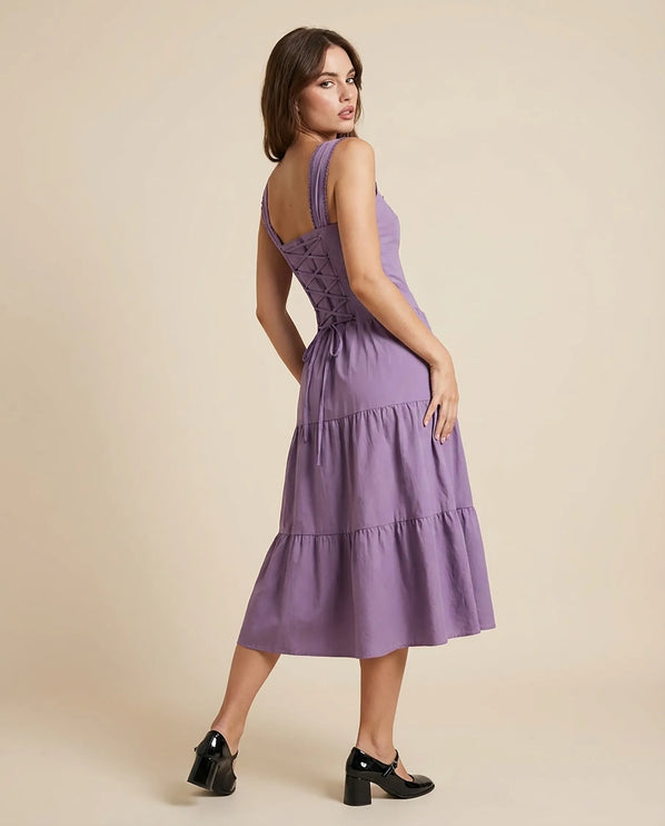 THE ESME SQUARE NECK LACE UP BACK SUNDRESS IN PURPLE