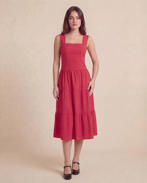 THE ESME SQUARE NECK LACE UP BACK SUNDRESS IN RED